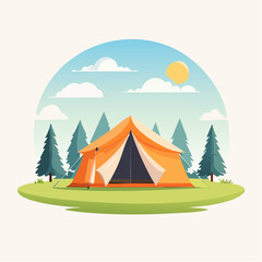 Orange Camping Tent in Sunny Forest Landscape