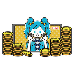 ライブ配信をする女性アイドルと山積みのコインのイラスト