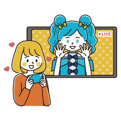 ライブ配信をする女性アイドルを推す女性のイラスト