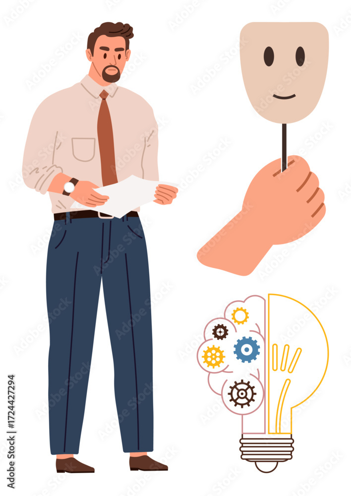 Poster man in formal attire holding papers alongside symbolic elements a hand holding a smiling mask and ge