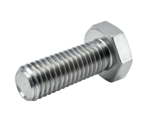 Close-up of a metallic bolt with a hexagonal head