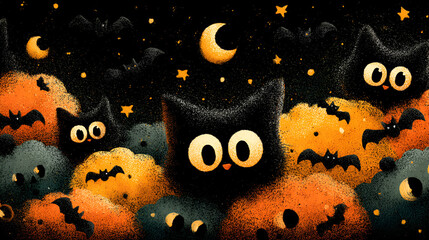 Cartoon Black Cats Peeking from Pumpkin Patch | Playful Halloween Cats Under Crescent Moon | Spooky Night with Bats, Stars, and Fluffy Cats