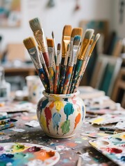 Fototapeta premium A collection of messy paintbrushes in a colorful jar, sitting on a paint-splattered table in an artist's studio.