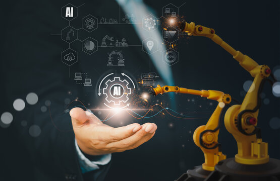 Factory control concept with professional using holographic interface to operate robotic arms smart factory, overlaying lock, firewall icons to highlight cybersecurity, AI automation, data protection.