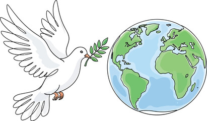 Symbolic white dove carries olive branch to the planet, representing global peace and harmony for a united world.