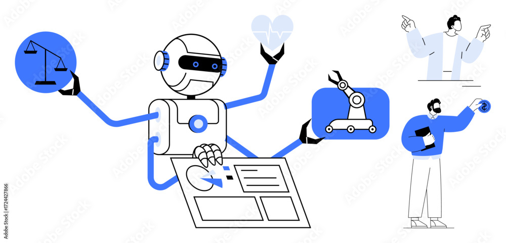Poster robot handling diverse tasks including law, healthcare, automation, and data management. people inte