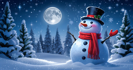 Joyful Snowman Surrounded by Snowy Pines Under Moonlit Night Sky for Winter Holiday Scene

