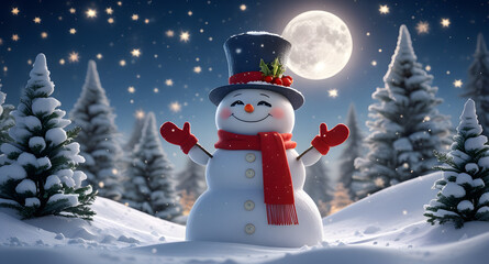 Joyful Snowman Surrounded by Snowy Pines Under Moonlit Night Sky for Winter Holiday Scene

