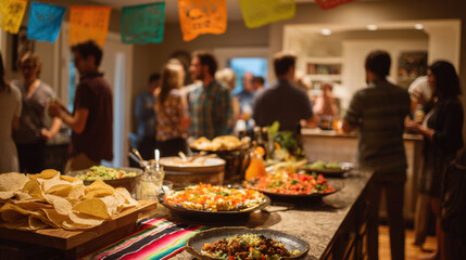 Colorful celebration in cozy kitchen with diverse group of people mingling, vibrant decorations, delicious food spread on table, festive atmosphere and lively interactions.