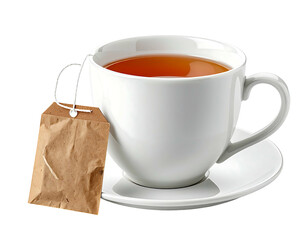 A white teacup filled with amber-colored tea, a brown paper tea bag tag attached