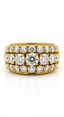 A lavish gold band ring, meticulously adorned with numerous sparkling diamonds, displays a rich and luxurious aesthetic.