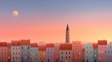 European Old Town Skyline at Sunset with Pastel Sky and Warm Light Reflecting off Buildings Creating a Travel Architecture Theme in Pixel Art