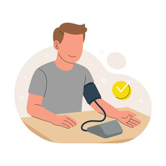 Man Checking His Blood Pressure ith an automatic digital monitor Flat Vector Illustration
