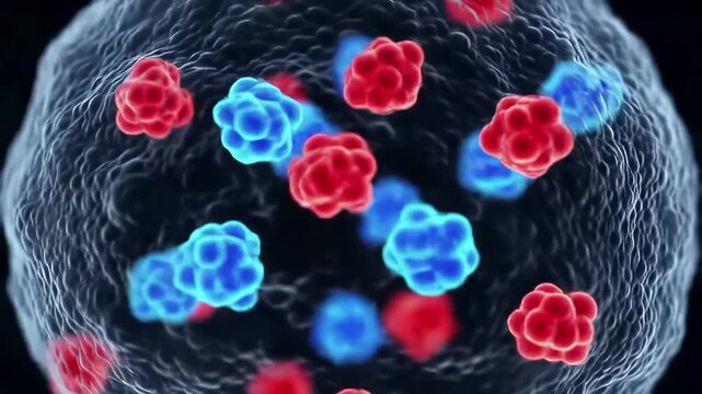 A 3D medical animation showing the interaction of blue Tcells and red Bcells within a lymph node or tumor microenvironment representing an immune response against cancer or infection.