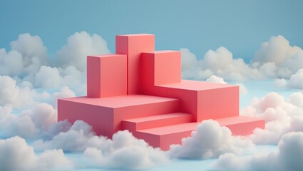 Dreamy pink geometric platform on clouds, ideal for product display, advertising, or abstract art