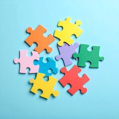 Colorful puzzle pieces scattered on a light blue surface (2)