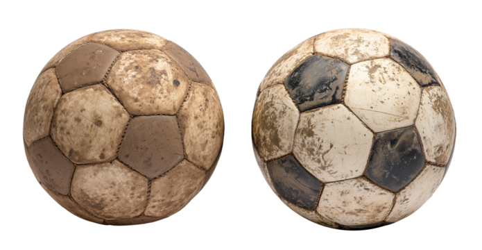 Duas bolas, futebol   antigas e velhas isoladas em fundo transparente.	