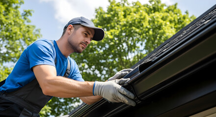 Focused Gutter Worker Installing or Repairing Rain Gutter System on House Roof for Home Drainage Efficiency.