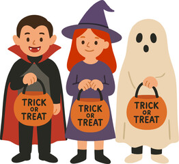 Trick or treat kids in costumes (vampire, witch, ghost) flat vector isolated on white background