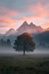 Fototapeta premium Majestic alpine landscape with solitary tree in misty green meadow against backdrop of snow capped mountains at colorful sunrise sky, serene natural scenery wallpaper backdrop background