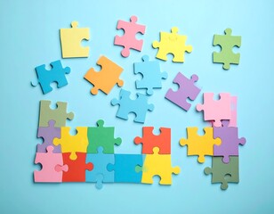 Colorful puzzle pieces scattered on a light blue surface