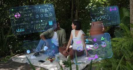 Four holograms appearing on patio as man extending arm updating financial metrics amid couple chat - Powered by Adobe