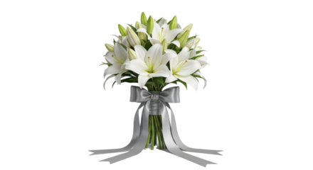 Elegant bouquet of white lilies with silver ribbon isolated PNG with Transparent Background