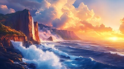 Fototapeta premium Stunning digital painting of dramatic coastal cliffs with waterfall and powerful ocean waves for vibrant sunset evoking serenity awe nature landscape concept