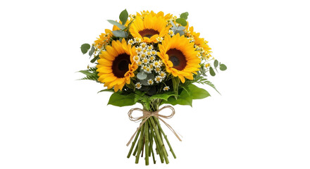 Fototapeta premium Vibrant sunflower bouquet with yellow petals and green leaves, rustic floral arrangement tied with twine, summer flower bunch on white background