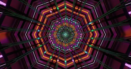 Bright geometric patterns form colorful tunnel effect in design