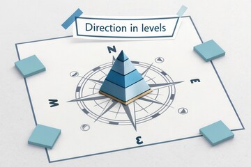 Pyramid model illustrating directional navigation with compass elements, showcasing layers and spatial organization in modern design