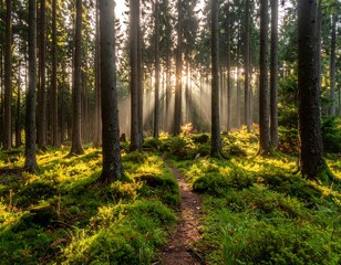 Obraz premium Sunlight streams through a tranquil forest