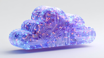 3D glass style purple blue cloud icon with circuit lines, representing cloud computing, storage, and networking Stock Illustration