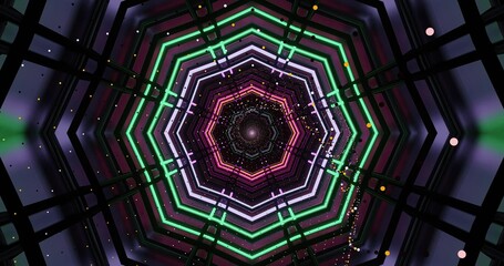 Colorful geometric patterns create a visually striking tunnel view