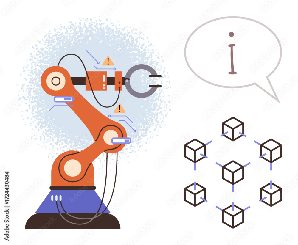 Poster robotic arm performing tasks, connected to blockchain network and information bubble. ideal for tech