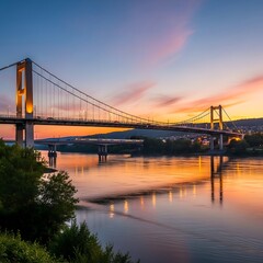 Fototapeta premium Bridges reflected in tranquil river at colorful sunset in Koblenz Germany