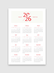 2026 Calendar Template, Elegant Red Typography Design, Minimalist Corporate Full Year Annual Monthly Planner Vector