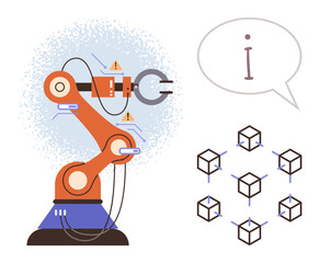 Robotic arm performing tasks, connected to blockchain network and information bubble. Ideal for technology, automation, blockchain, innovation, AI Industry 4.0 futuristic tech concepts. Simple flat