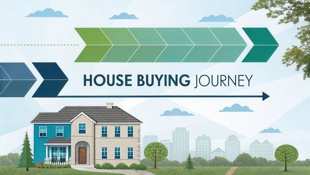 House Buying Journey Illustration with Arrows, Home, Trees, and City Skyline in Background for Real Estate Concepts