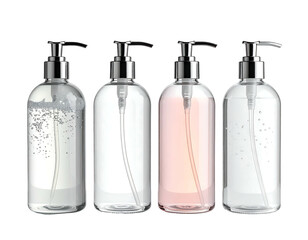 Four clear plastic pump bottles, various colors