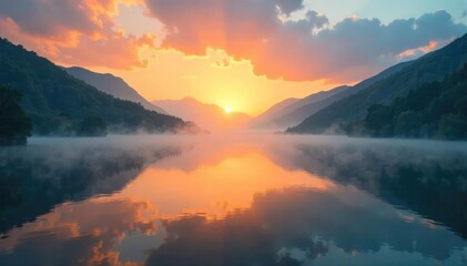 A tranquil sunrise over a serene lake, mist gently rising, creating a magical atmosphere Perfect for nature, travel, or relaxation themes , sun, golden hour
