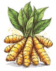 Turmeric roots with leaves