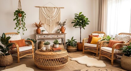 Cozy bohemian living room interior with wicker furniture and potted plants creating a relaxed atmosphere