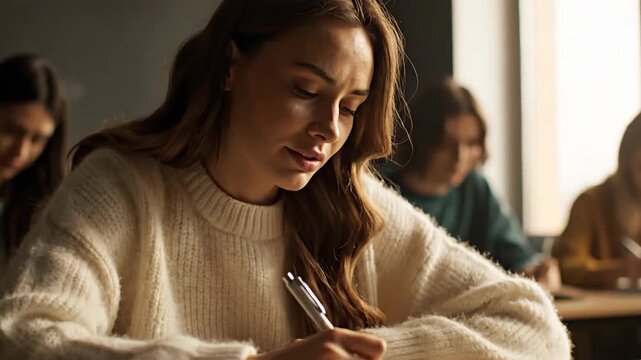 Female Student Concentrating on Taking Notes in Classroom Setting