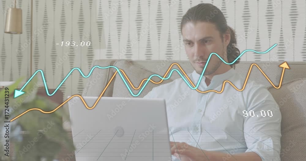 Poster man tapping laptop keys and initiating animated tech data charts over sofa while analyzing trends