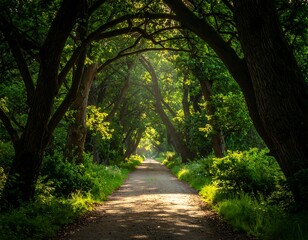 Naklejka premium Sunlight streams through a verdant tree tunnel