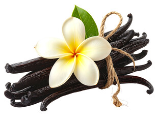 Dark vanilla pods bundled with a plumeria flower and tied with twine