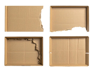 Four empty cardboard boxes with torn edges