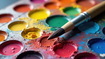 Fototapeta premium A vibrant palette of artist's paint colors with a paintbrush resting on top, ready for creative expression The image showcases the tools of artistic creation , design, supplies