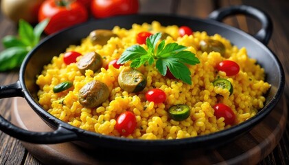 A vibrant spread of traditional Valencian vegetarian paella, featuring saffron-infused rice, artichoke hearts, and vibrant vegetables, served on a rustic wooden table , colorful food, spices, dinner